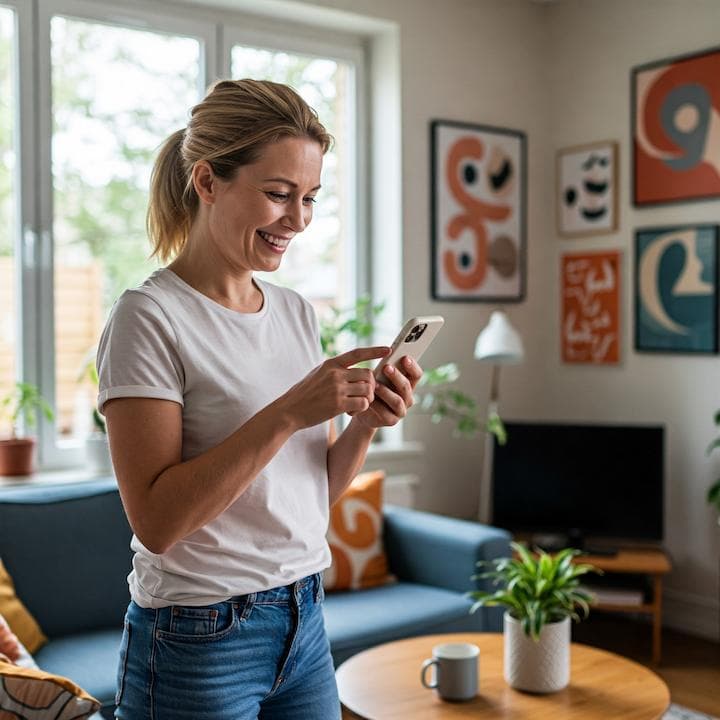 Smiling woman using a smartphone in a cozy, modern living room with bright decor and indoor plants.