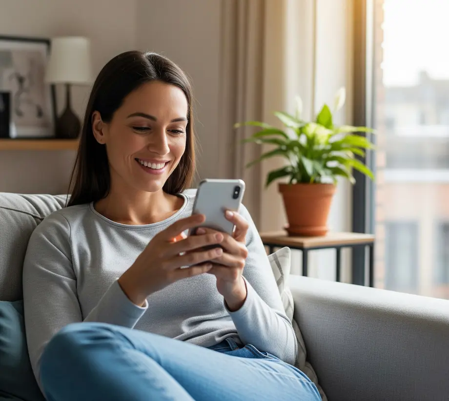 Smiling woman relaxing on a sofa while using her smartphone near a window with a plant.