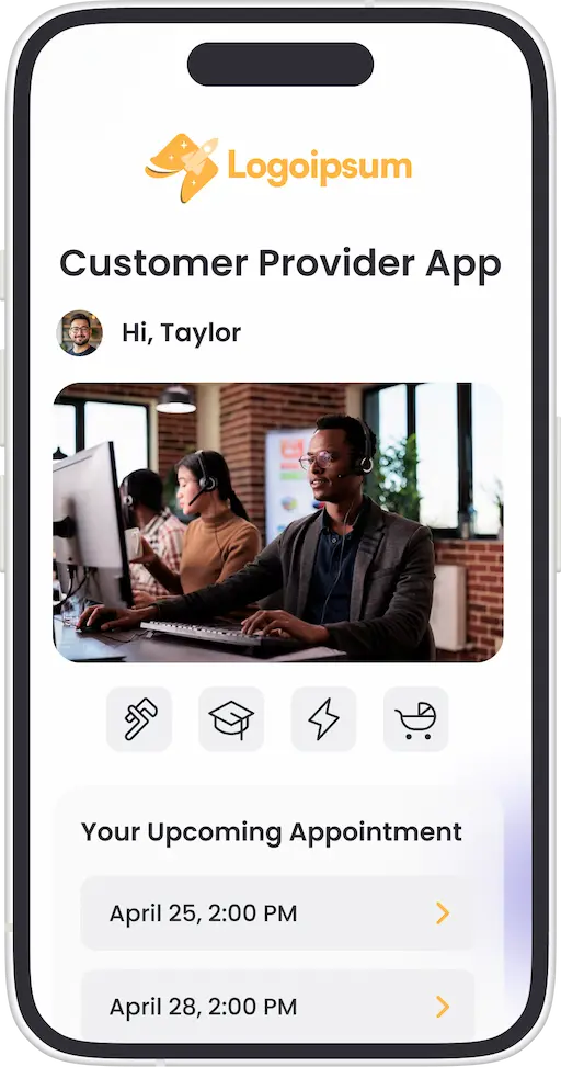 Smartphone screen showing a customer provider app interface with user greeting, service icons, and upcoming appointments.