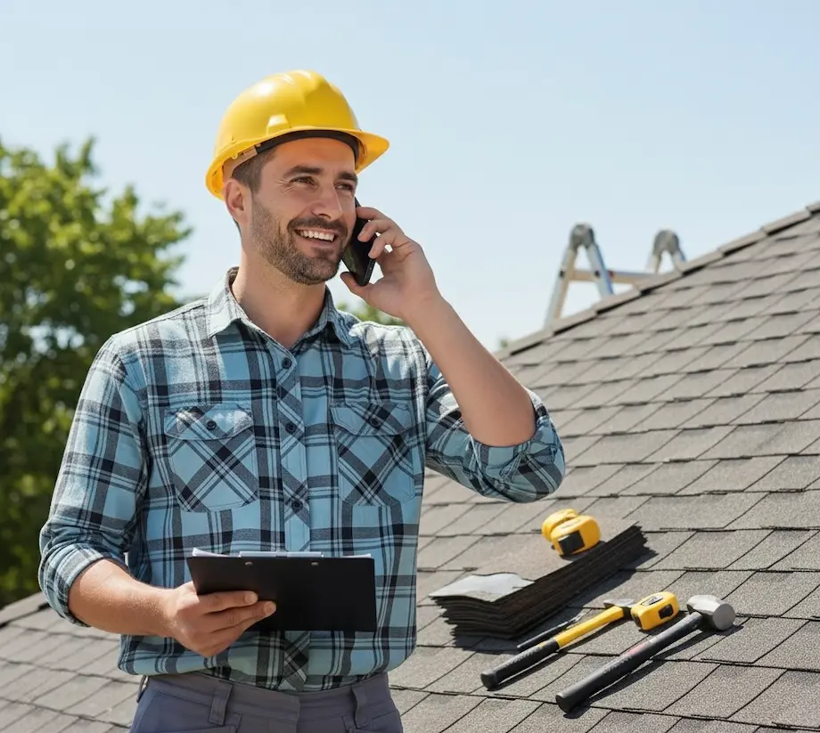 Smiling delivery man holding packages in front of a white van.
