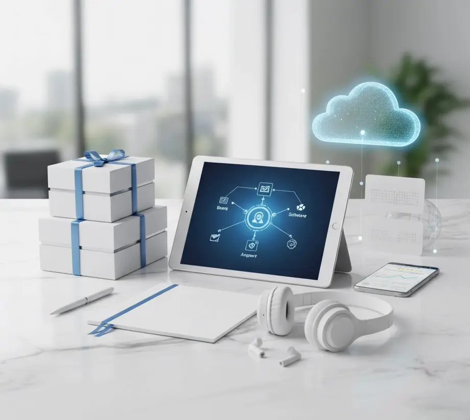 Uśmiechnięty kurier trzymający paczki przed białym vanem.